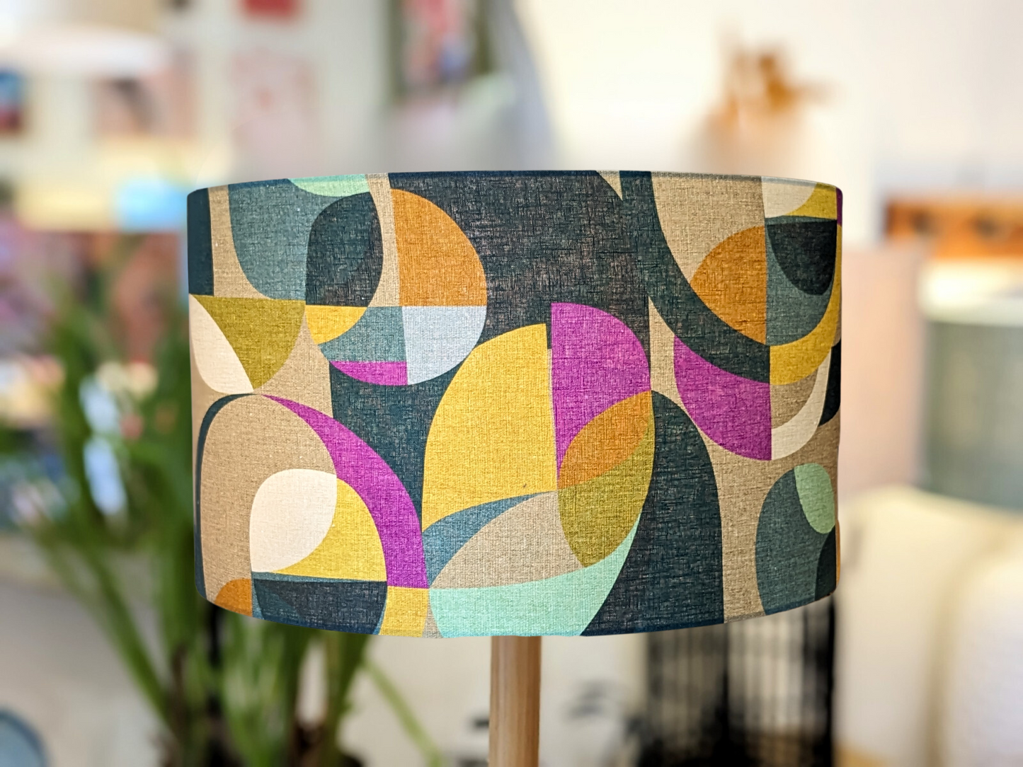 Handmade Modern Circles lampshade by Emotive Collection, featuring a contemporary design by Australian artist Cecilia Mok. Made with premium 100% linen fabric. Crafted in Australia
