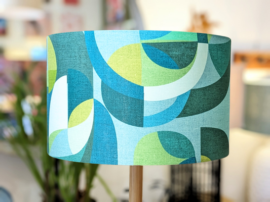 Handmade Modern Circles Teal lampshade by Emotive Collection, featuring a stylish design by Australian artist Cecilia Mok in vibrant teal tones. Crafted in Australia.