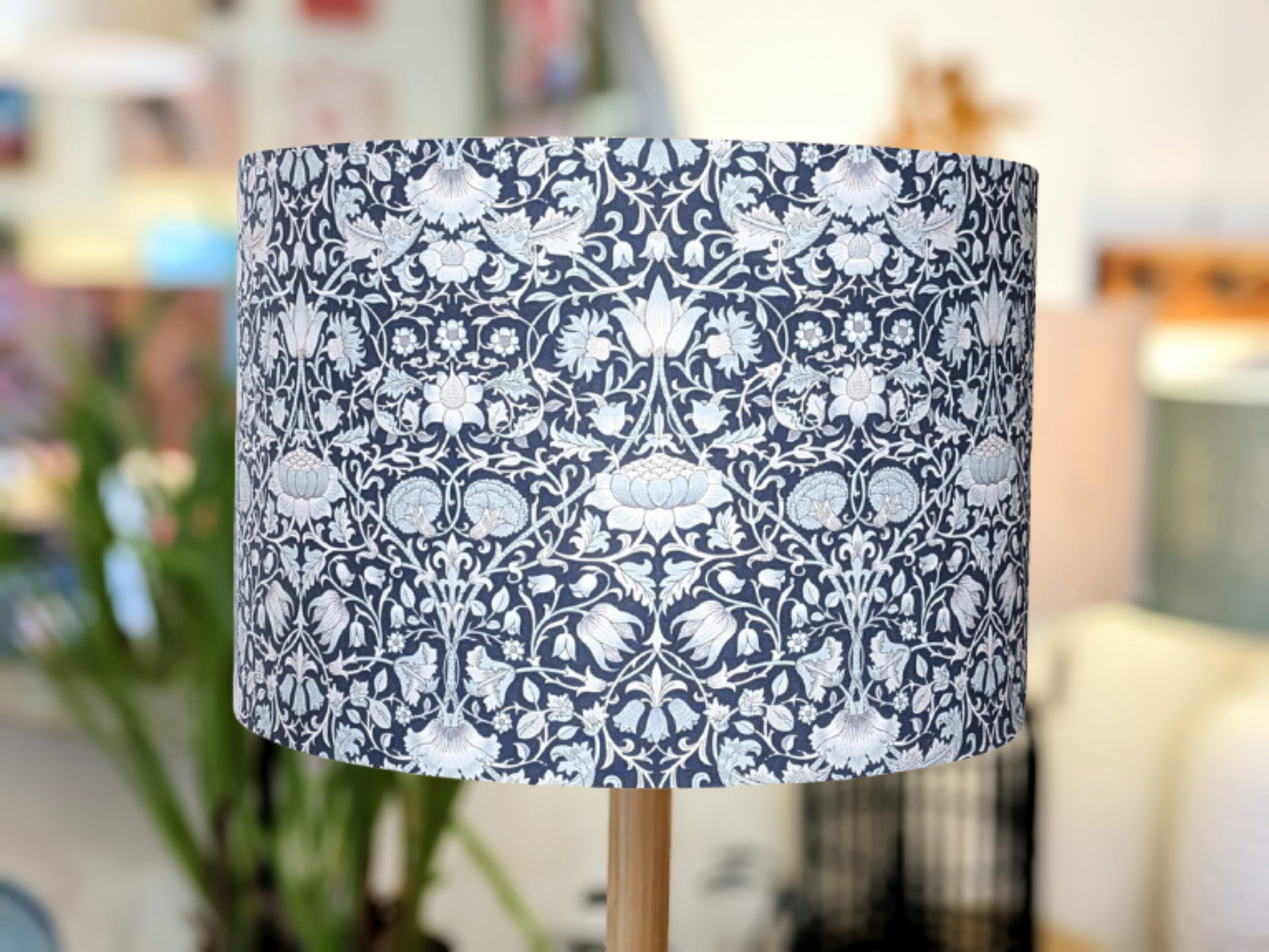 Handmade William Morris Pure Lodden lampshade by Emotive Collection, featuring intricate floral patterns in neutral Black, Grey tones. Crafted with care in Australia.