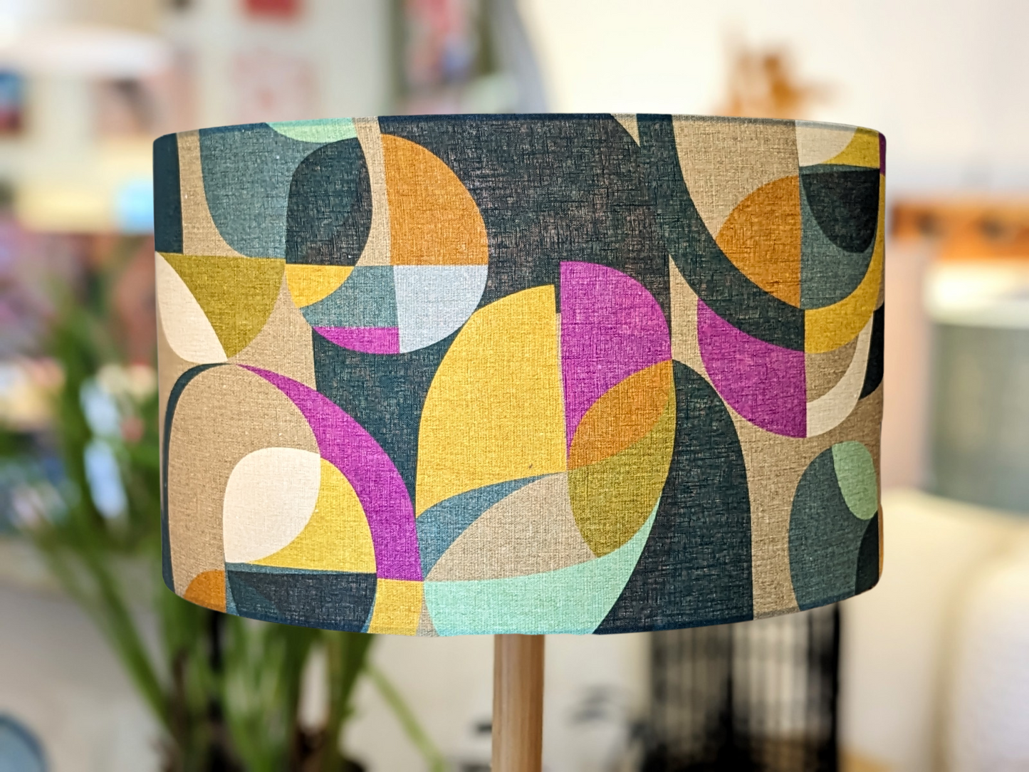Close up of the Modern Circles lampshade by Emotive Collection, showcasing a stylish design by Cecilia Mok, made from 100% linen fabric and crafted with care in Australia for a fresh, modern look.