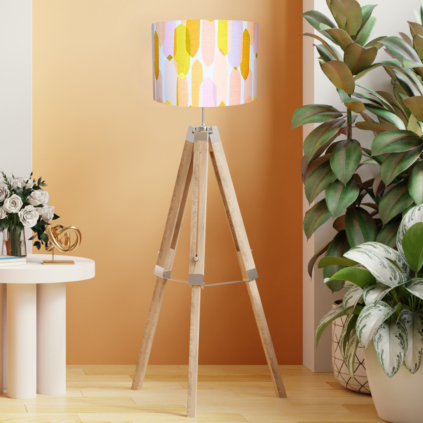 Mid Century Droplets Ivory lampshade on a wooden tripod floor lamp base, crafted by Emotive Collection with a unique design by Australian artist Cecilia Mok. Perfect for adding a chic, modern touch to your home décor.