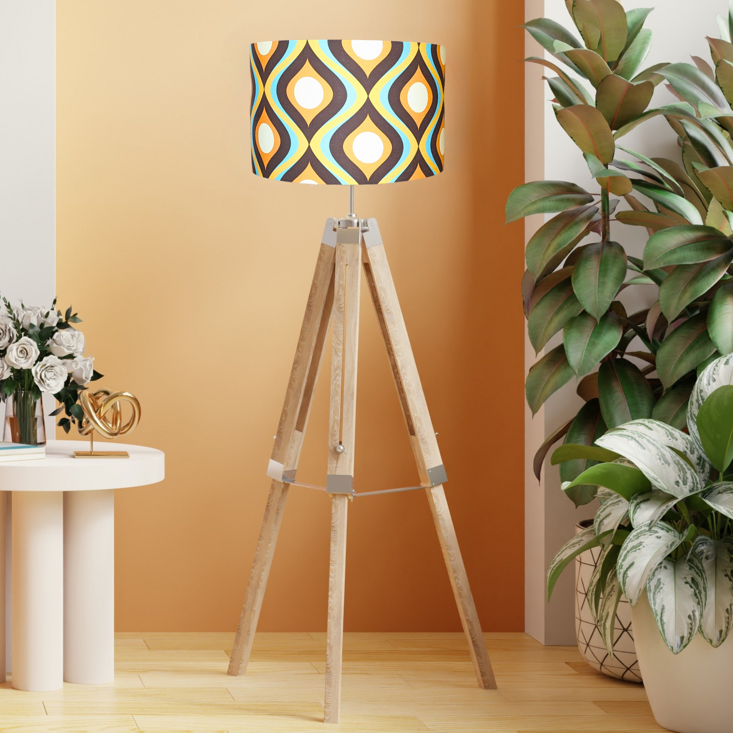 Handmade Retro Ogee lampshade by Emotive Collection on a floor lamp tripod, designed with vibrant geometric patterns to add a contemporary touch to your space. Crafted in Australia.