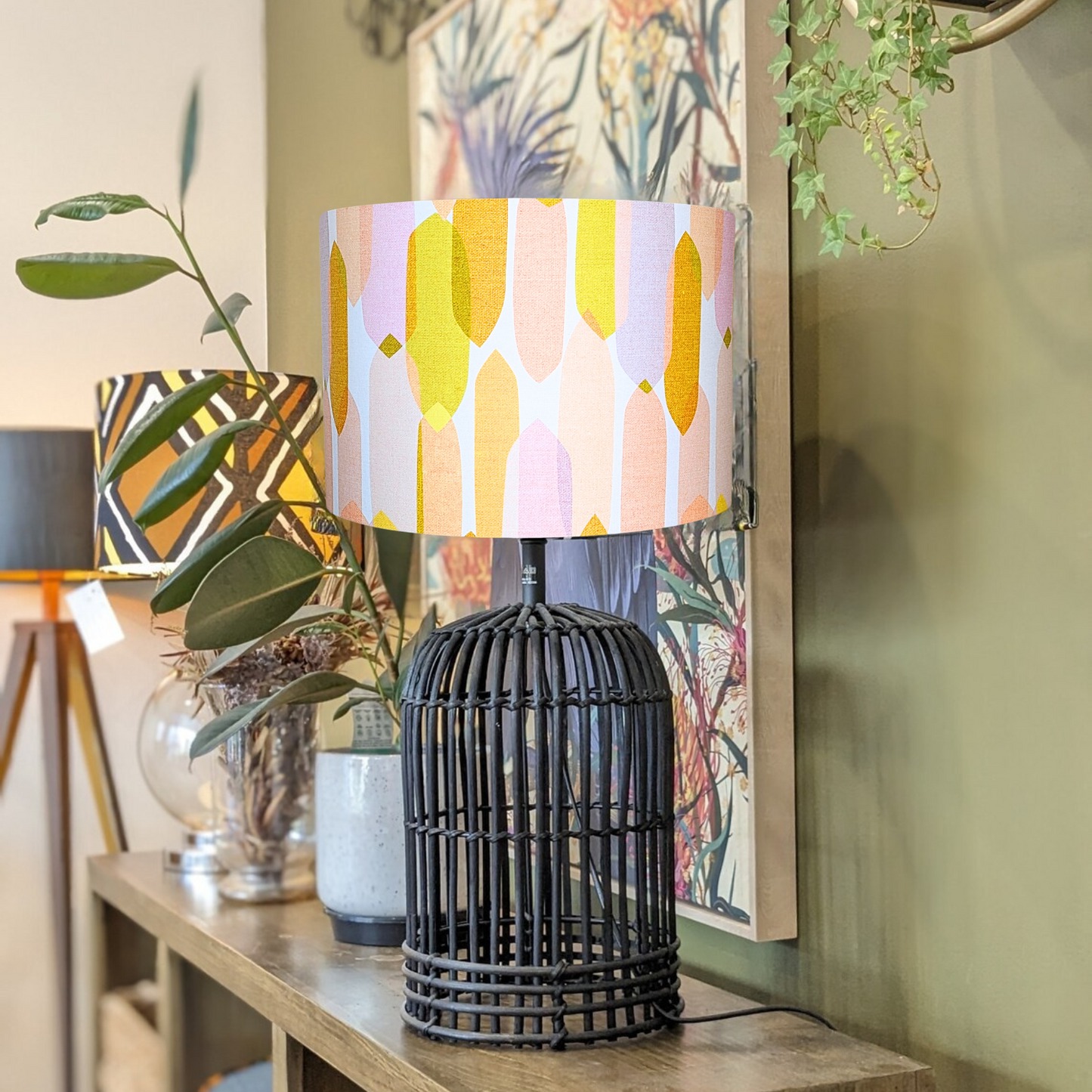 Emotive Collection's Mid Century Droplets Ivory lampshade on a black lamp base, featuring an intricate modern design by Australian artist Cecilia Mok. Expertly handcrafted in Australia.