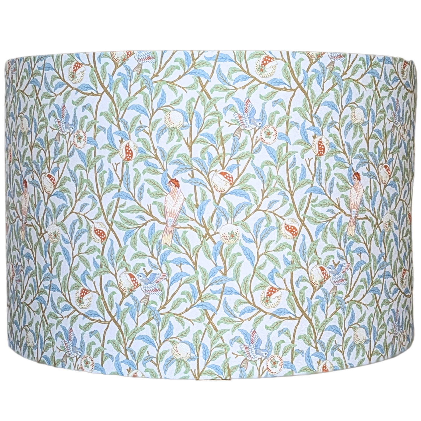 Close-up of the Bird & Pomegranate William Morris lampshade by Emotive Collection, highlighting vibrant birds and pomegranate motifs against a classic design. Handmade in Australia.