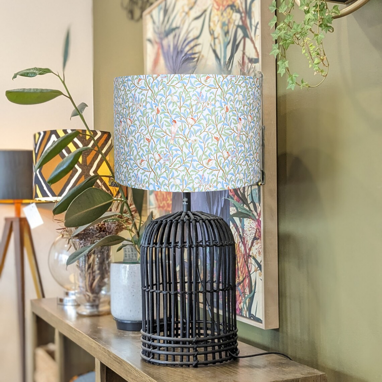 Detailed shot of the Bird & Pomegranate William Morris lampshade, showcasing the rich colors and patterns. Handmade in Australia by Emotive Collection.