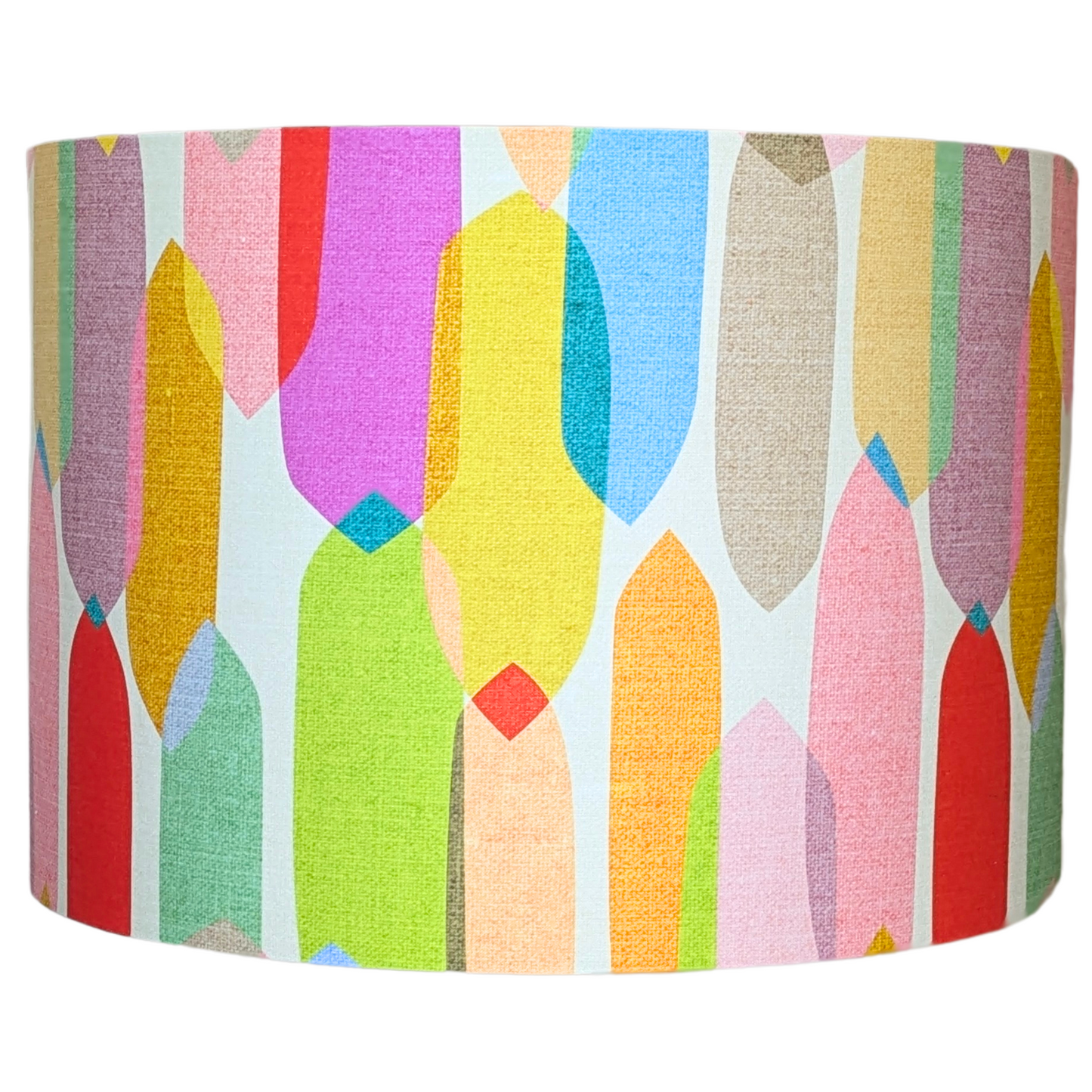 Close up view of the handmade Multi-Colour Mid-Century lampshade by Emotive Collection, featuring bold geometric patterns in vibrant colors. Designed by Australian artist Cecilia Mok and crafted with care in Australia