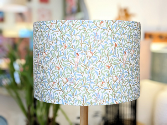 Handmade Bird & Pomegranate William Morris lampshade by Emotive Collection, featuring vibrant birds and pomegranate motifs on a classic design. Crafted in Australia.
