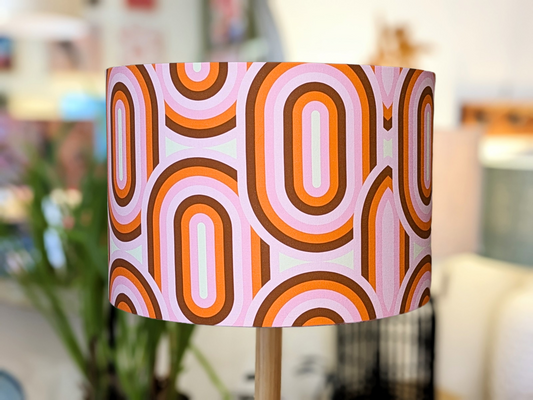 Handmade 70's retro lampshade by Emotive Collection, featuring bold, vintage-inspired patterns in vibrant colors. Crafted with care in Australia.