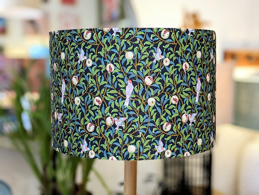 Handmade Bird & Pomegranate Black William Morris lampshade by Emotive Collection, featuring striking black background with vibrant bird and pomegranate motifs. Crafted in Australia.