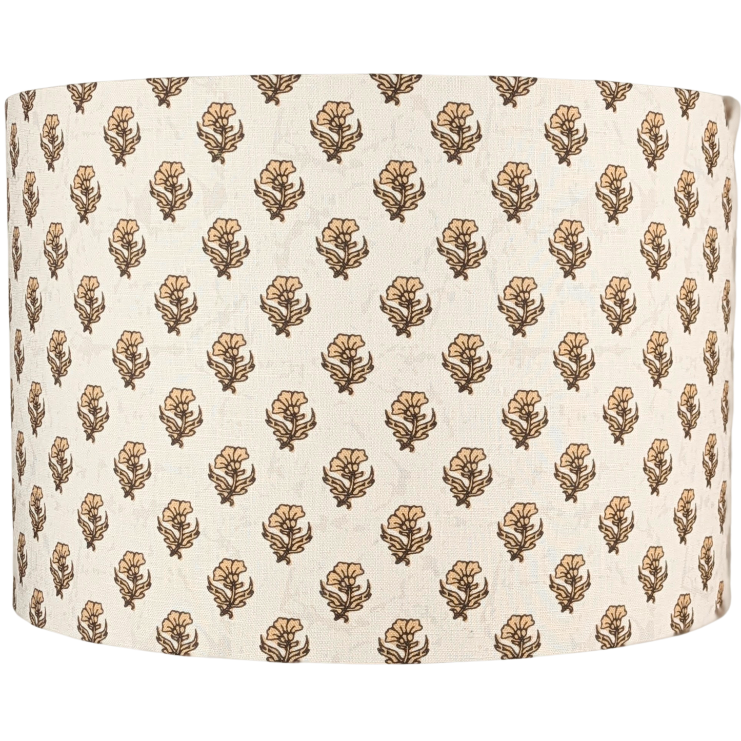 The Ishani Indian Block Print Lampshade by 100% Premium Linen is a cream cylindrical linen shade adorned with evenly distributed brown and beige floral patterns, evoking traditional handcrafted Indian designs.