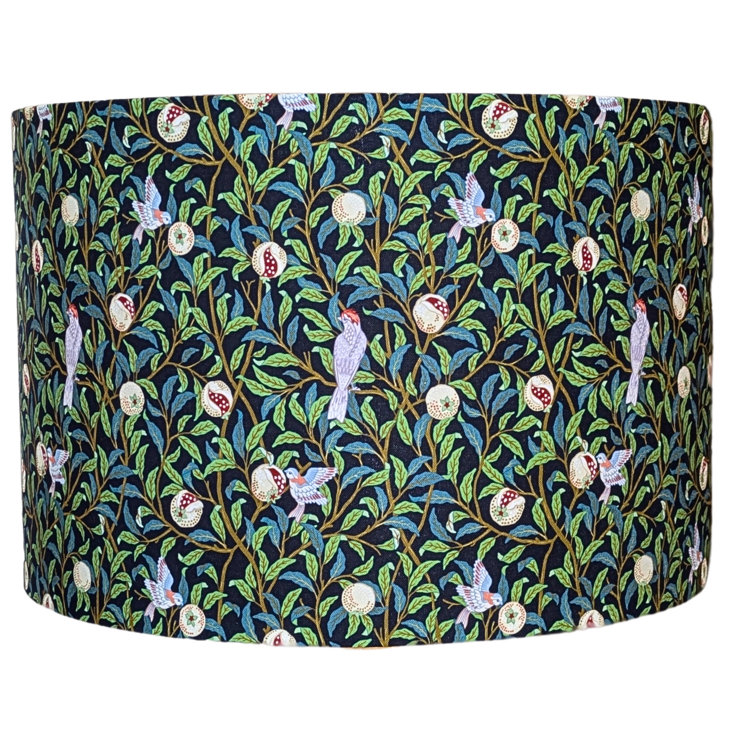 Close-up of the Bird & Pomegranate Black lampshade, showcasing intricate bird and pomegranate patterns on a bold black background. Expertly handmade in Australia by Emotive Collection.