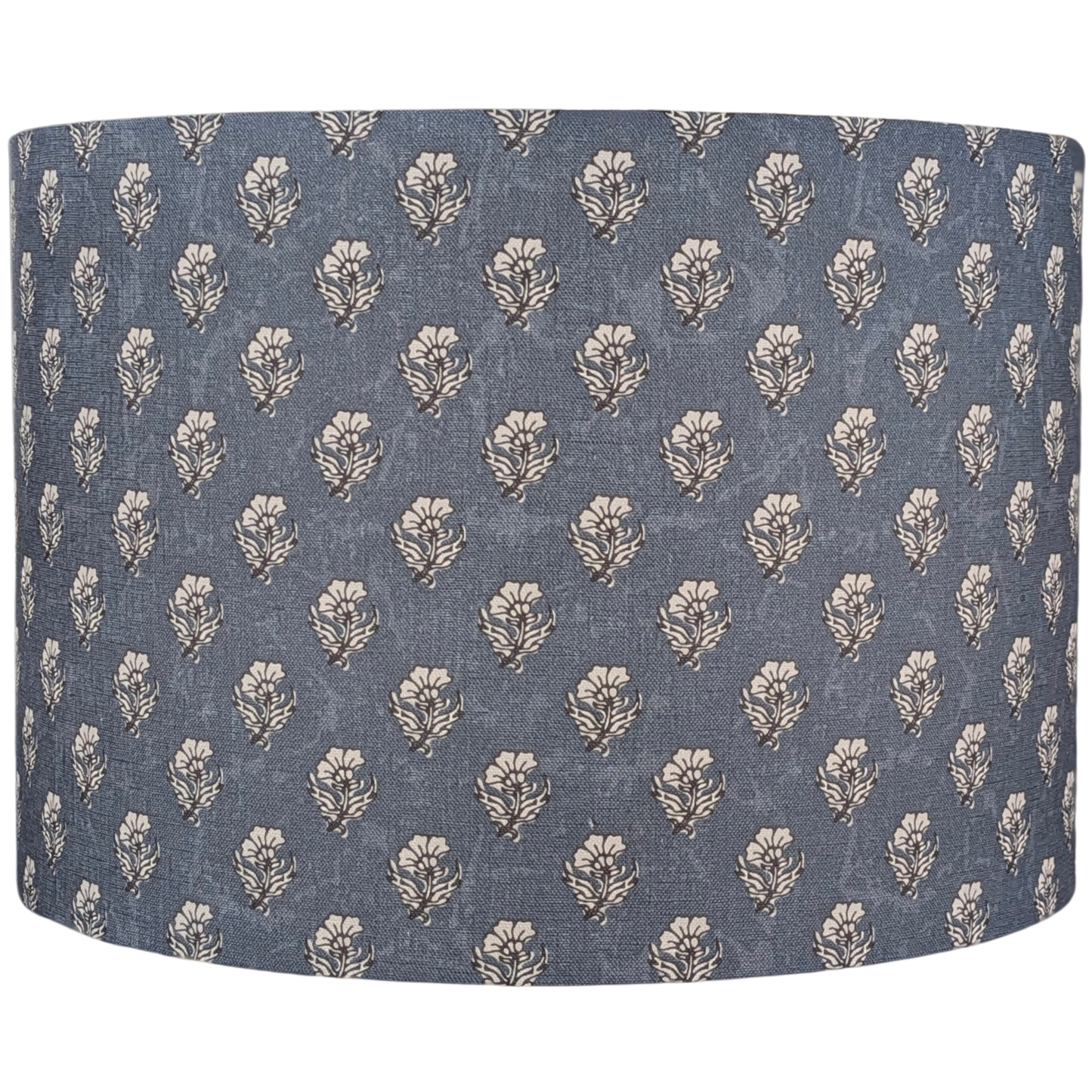 The Aanya Indian Block Print Lampshade by 100% Premium Linen is a cylindrical, blue linen shade featuring beige stylized leaf motifs, inspired by Indian block prints and expertly crafted in Australia.