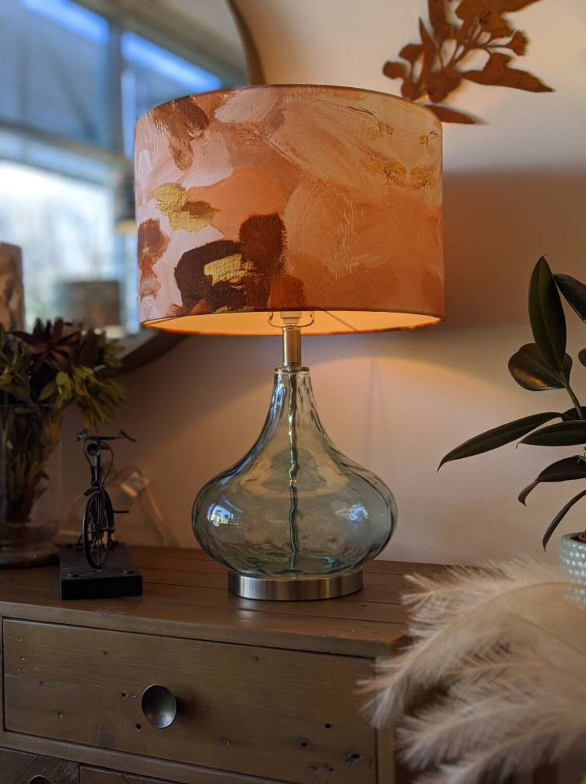 Peach Abstract lampshade by Emotive Collection, featuring a minimalist abstract design in gentle peach colors. Crafted by hand in Australia.