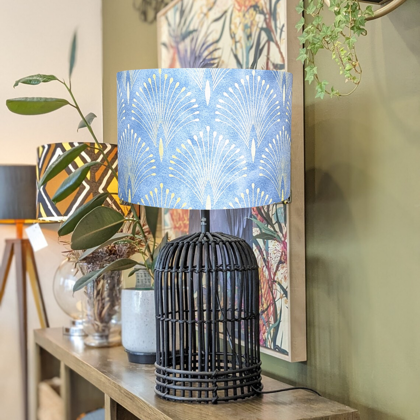 Elegant Gatsby lampshade with a playful print on a bold blue backdrop, handmade by Emotive Collection in Australia. Perfect for adding a touch of vintage flair to any room.