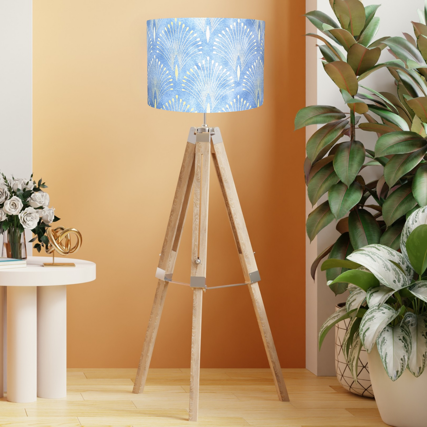 Emotive Collection’s handmade Gatsby lampshade on a floor lamp base, showcasing a unique Gatsby print on a striking blue background. Expertly crafted in Australia for a refined look.