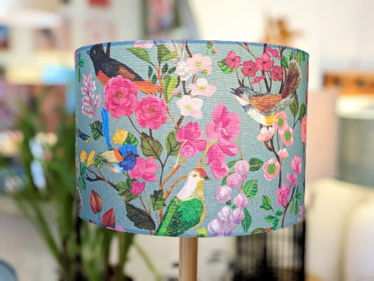Handmade Birds and Blooms lampshade by Emotive Collection, featuring vibrant bird and floral designs. Created by Australian artist Cecilia Mok, crafted with care in Australia.