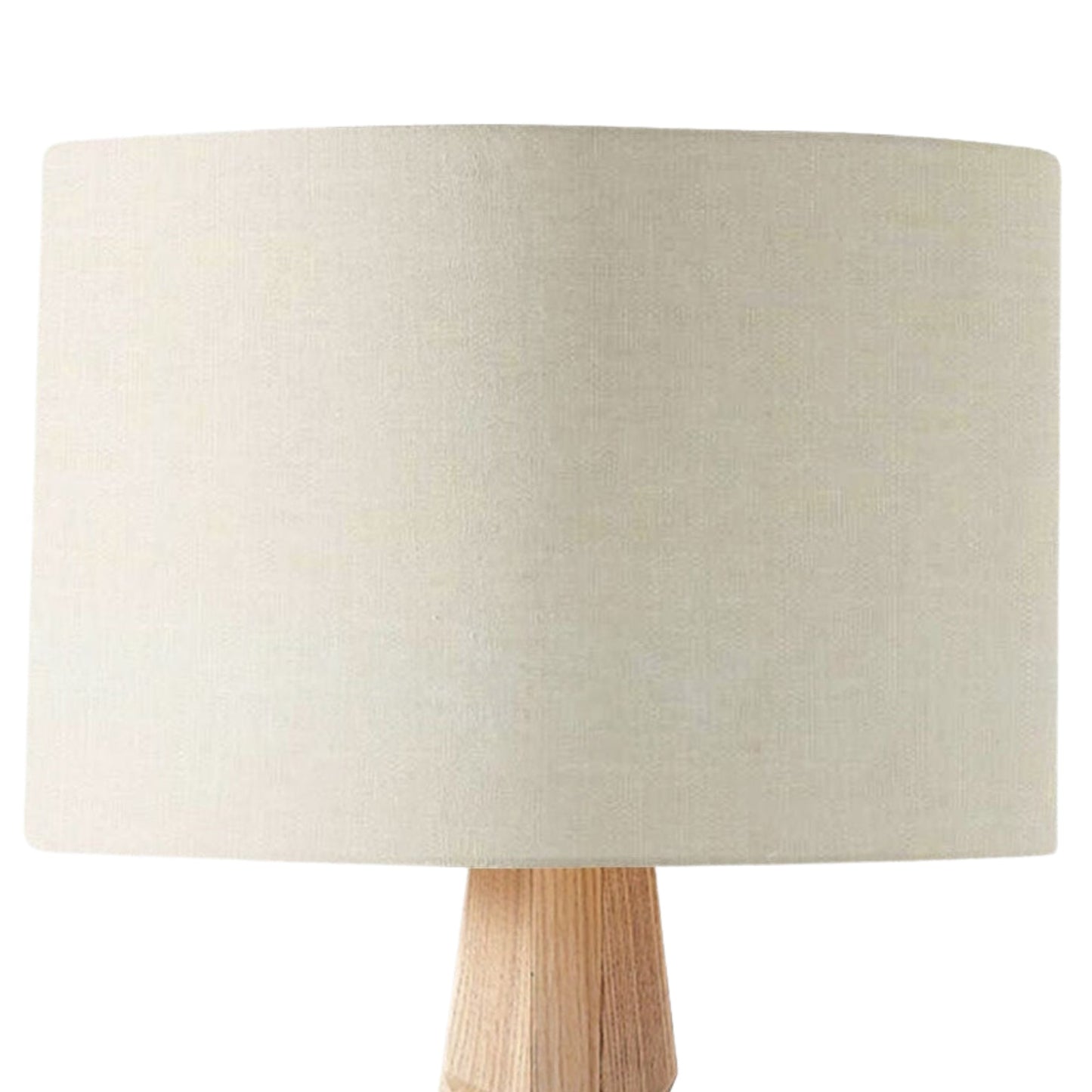 A close-up of the Emotive Collection Cream Premium Linen Lampshade with a wooden base, handmade in South Australia and set against a white background—ideal for natural interiors.