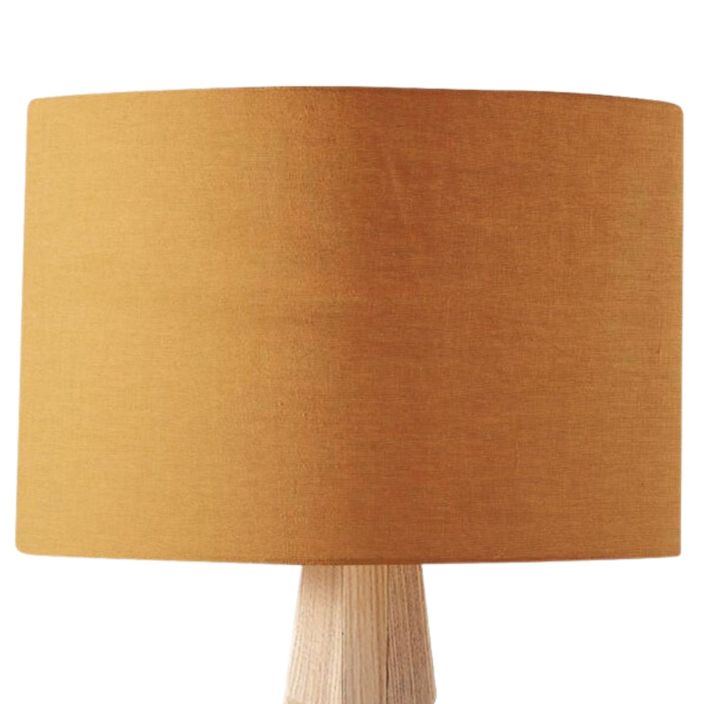 A close-up of the Emotive Collection Dark Mustard Premium Linen Lampshade with a light wooden base, handmade in Australia, set against a white background.