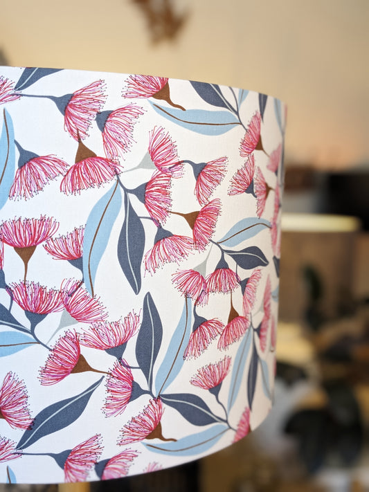 Side view of Gum Blossom design lampshade by Jocelyn Proust, showcasing native Australian flora.