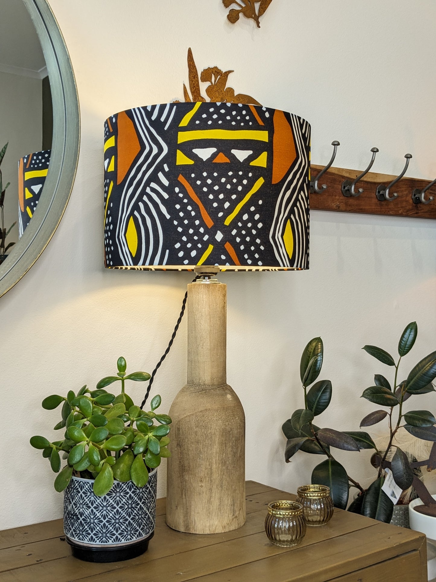 Elegant view of the Mali African lampshade, showcasing the rich texture and traditional Malinese patterns on authentic Bogolan mudcloth fabric. Handmade in Australia for a unique touch.