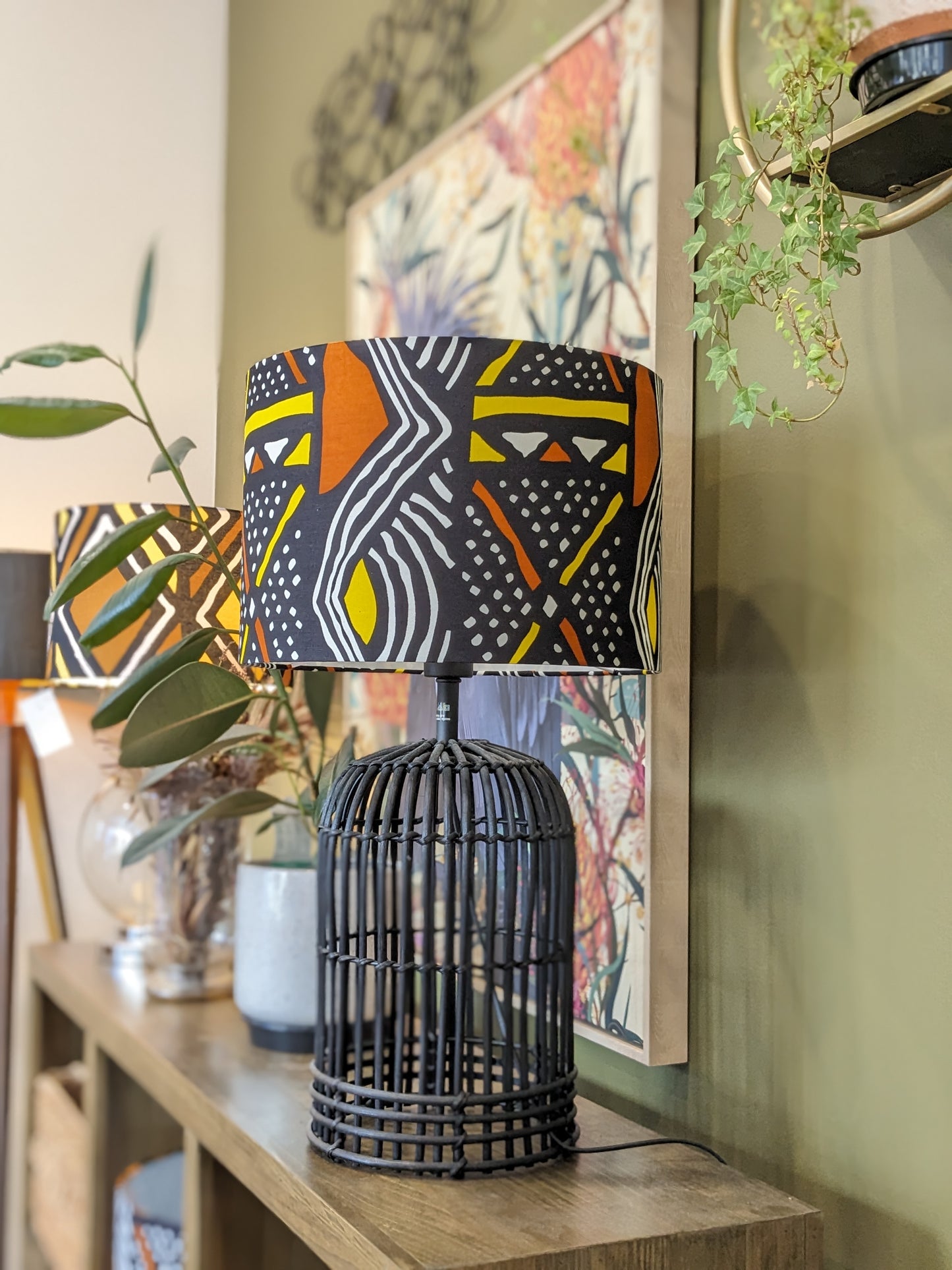 Detailed shot of the Mali African lampshade's Bogolan mudcloth fabric, emphasizing the unique Malinese print. Expertly handcrafted in Australia.