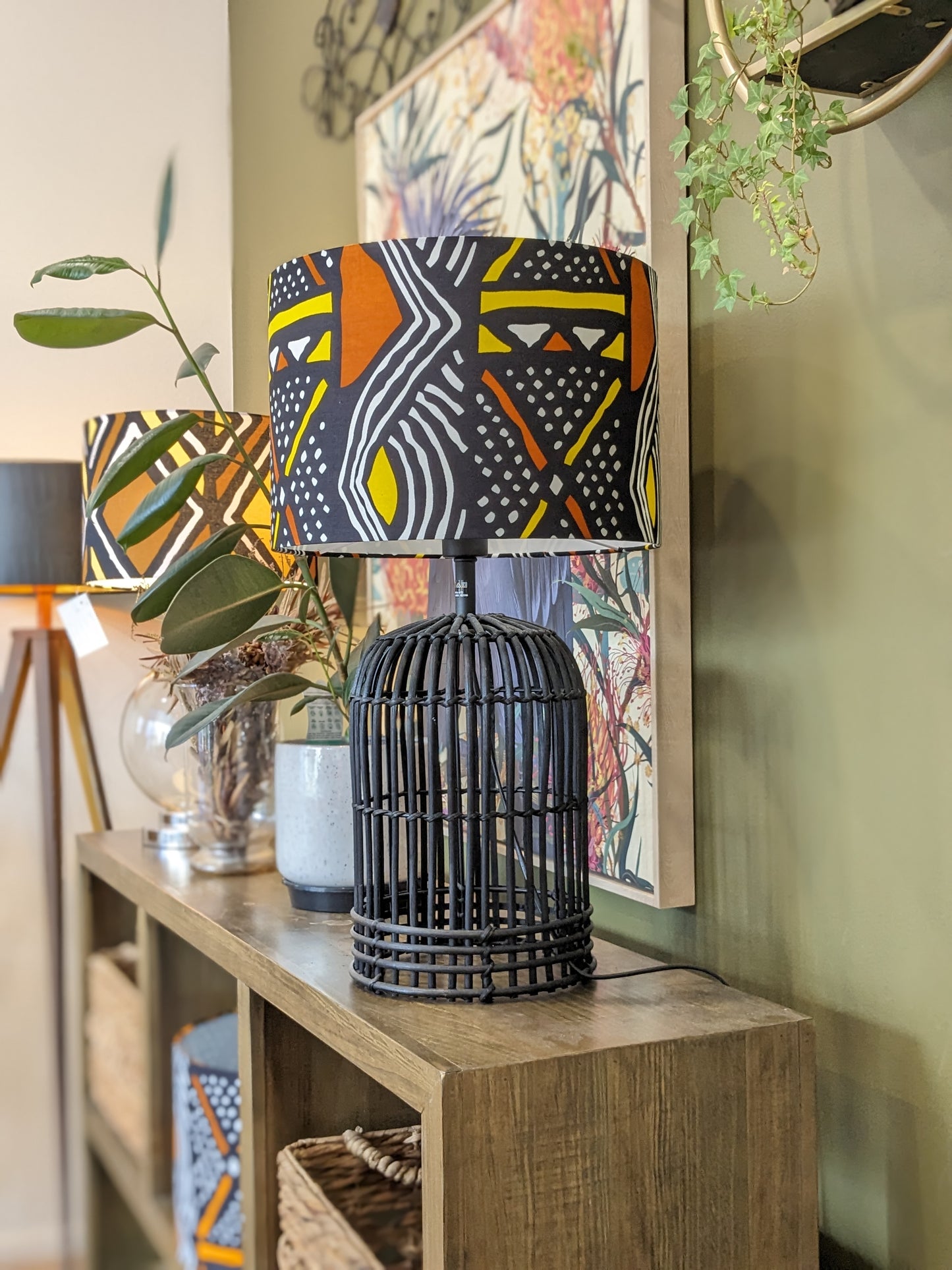 Wide shot of the Mali African lampshade, highlighting the earthy tones and intricate African print on premium Bogolan mudcloth fabric. Crafted with care in Australia.