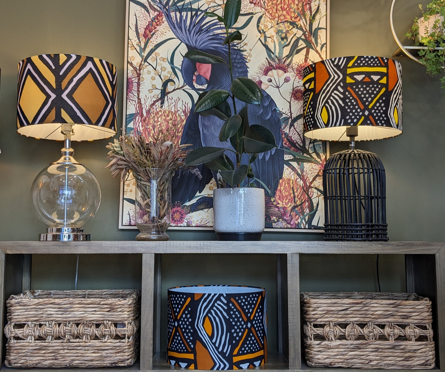 Back view of the Mali African lampshade, featuring traditional African patterns in deep earth tones on mudcloth fabric. Crafted in Australia for a one-of-a-kind look.