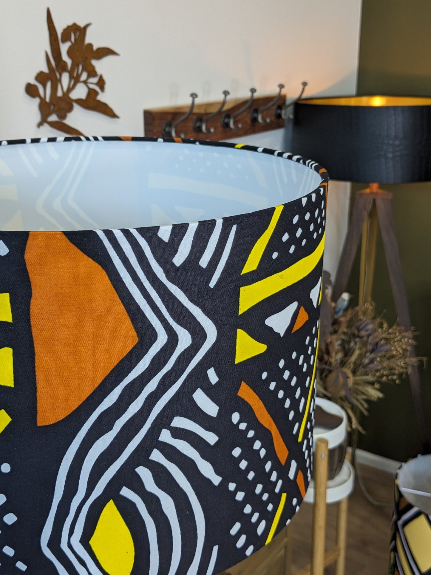 Close-up of the Mali African lampshade's intricate Malinese design, highlighting the authentic Bogolan mudcloth fabric. Handmade with care in Australia.