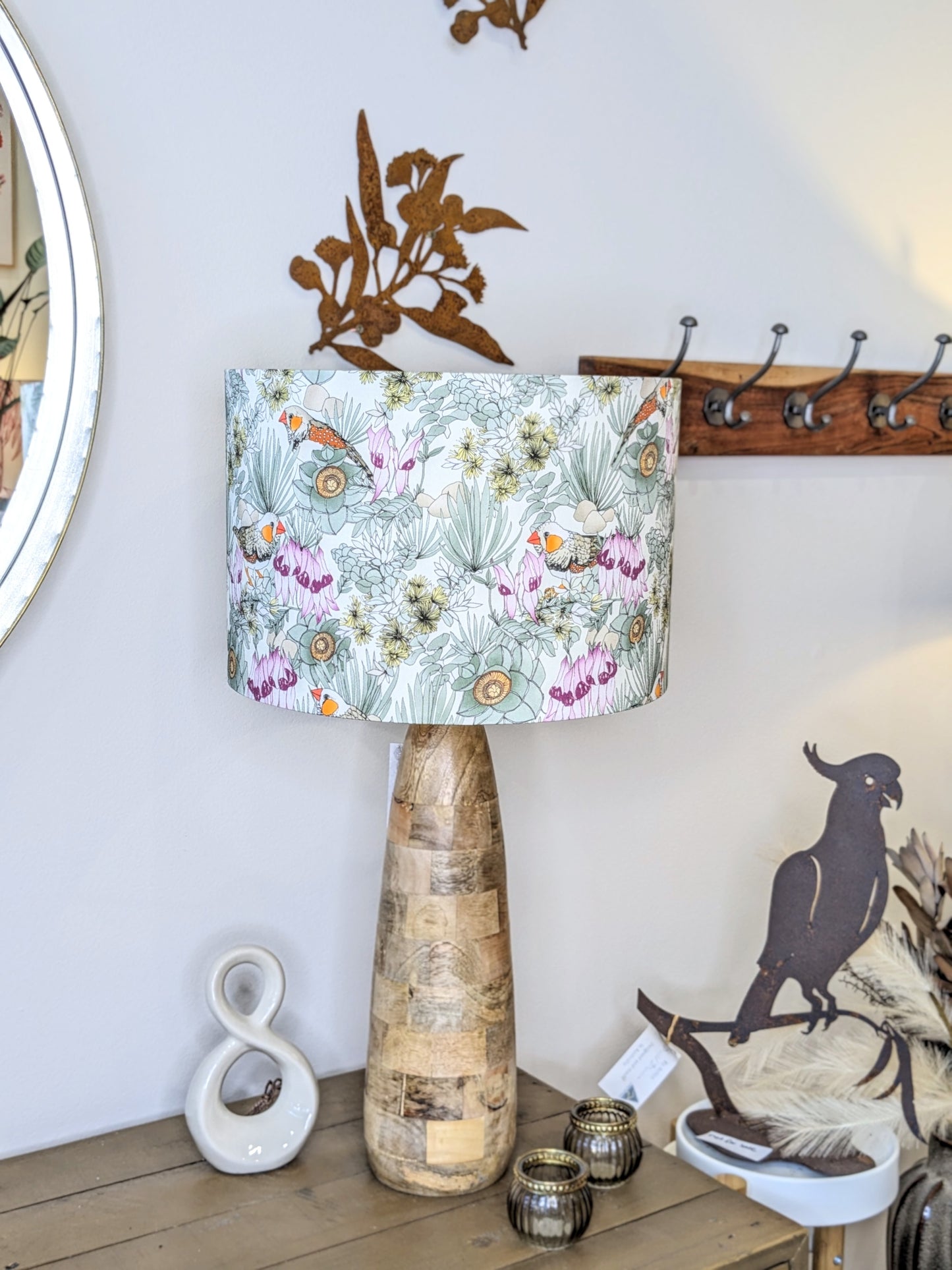 Handmade Zebra Finches lampshade by Emotive Collection on a wooden base, featuring a vibrant design by Australian artist Victoria McGrane from The Scenic Route. Crafted in Australia to brighten your space with lively colors.