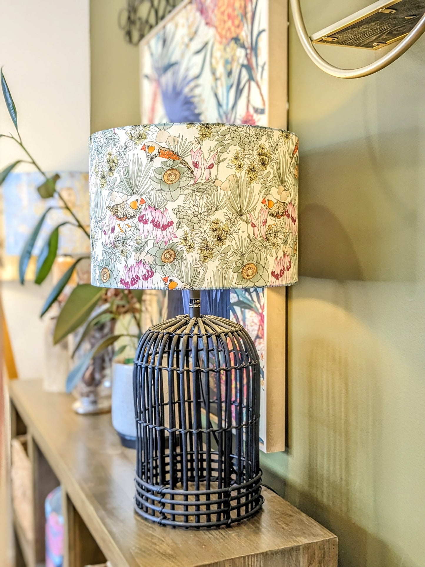Handmade Zebra Finches lampshade by Emotive Collection, with a beautiful design by Australian artist Victoria McGrane, capturing vibrant birds in an eye-catching display. Crafted in Australia with care