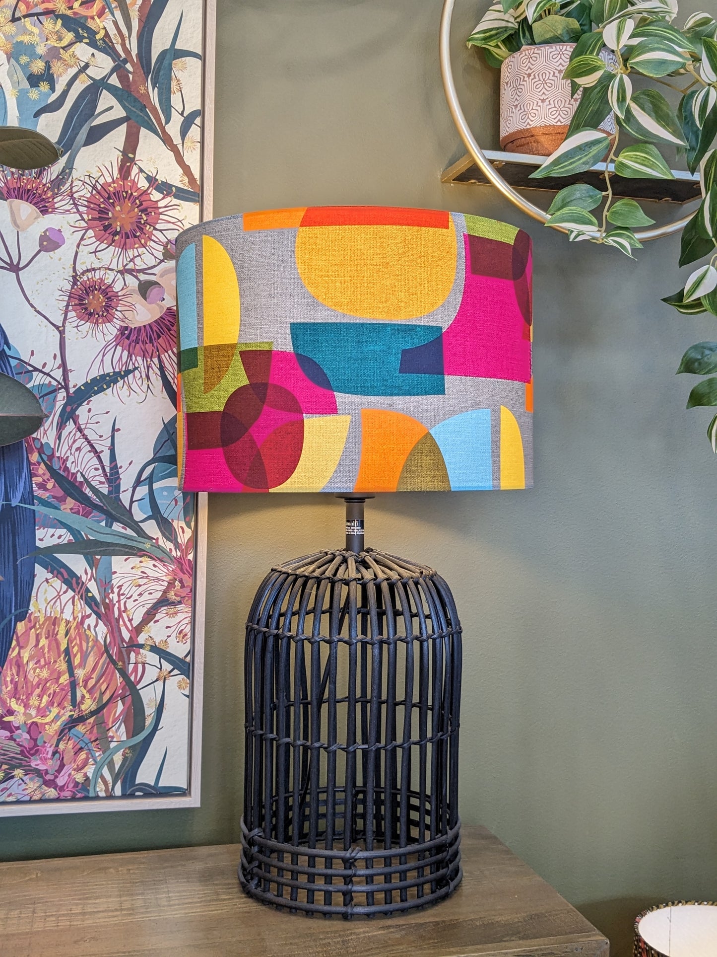Handmade MCM Midcentury Modern lampshade by Emotive Collection on a Black rattan lamp base, featuring a distinctive design by Australian artist Cecilia Mok. Expertly crafted in Australia to bring mid-century modern flair to your space.