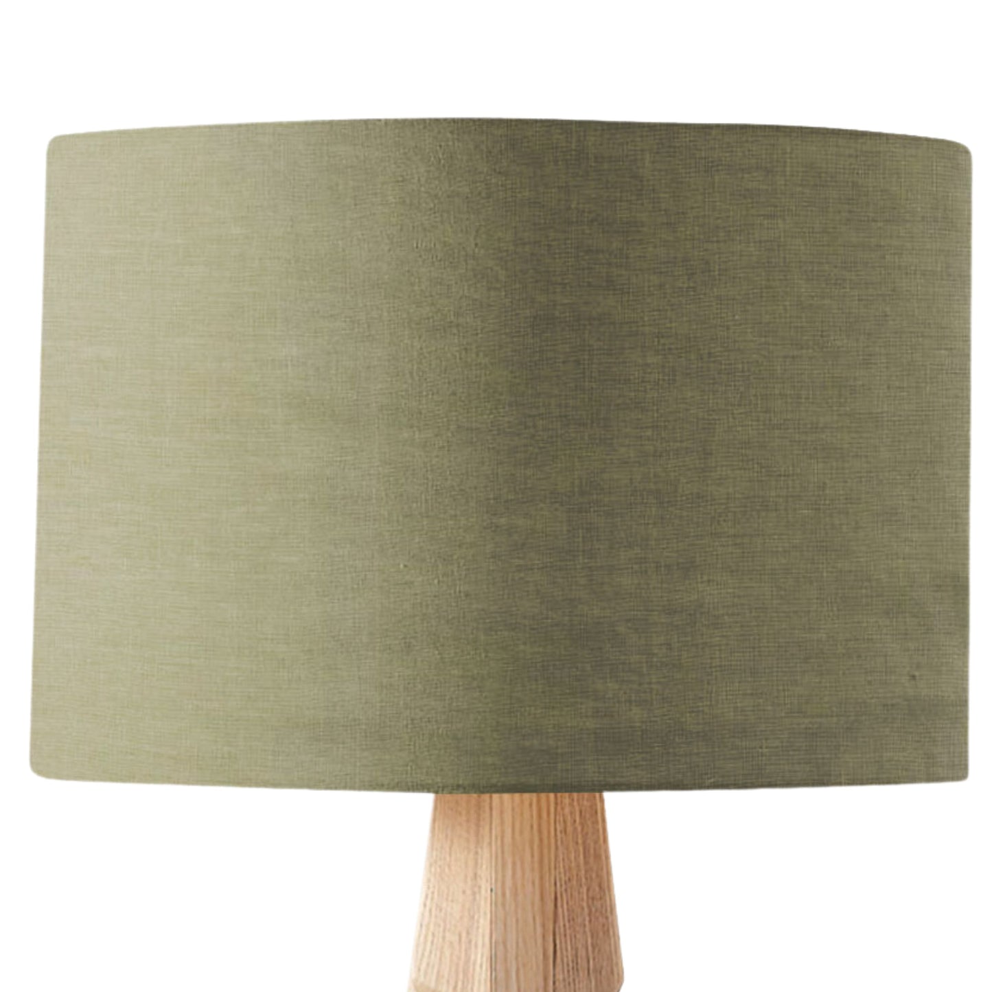 A close-up of the Sage Premium Linen Lampshade by Emotive Collection, featuring a wide, handcrafted sage linen shade and light wooden base, set against a plain white background.