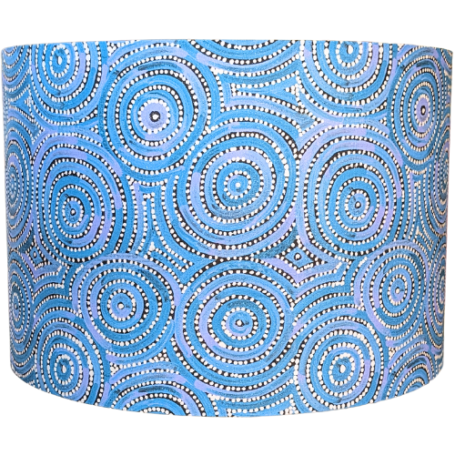 "Emotive Collection's Aboriginal Aqua Mina Mina lampshade, crafted with a blue background and featuring a design by Warlukurlangu artists. This handmade lampshade brings Indigenous Australian artistry to your space