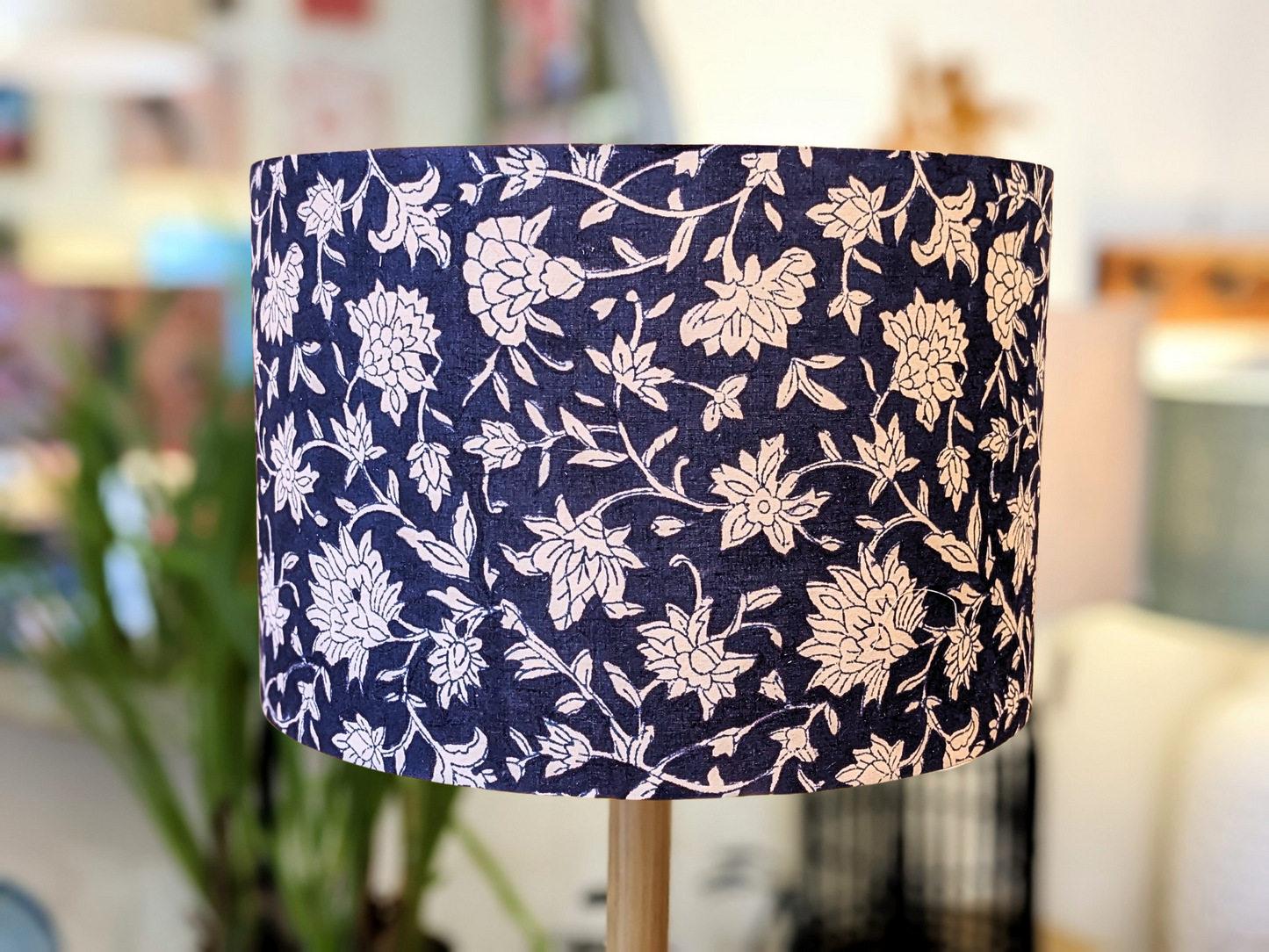 Handmade Aarya Indian Block Print lampshade by Emotive Collection, featuring a blue background with intricate white floral print. Hand block printed in Jaipur, India. Crafted in Australia.