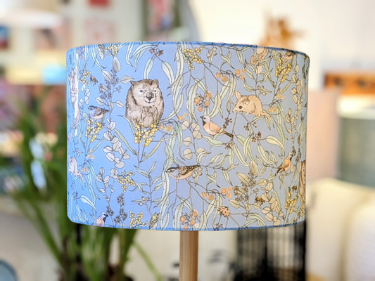 Handmade Wombat & Wattle lampshade by Emotive Collection, featuring a charming design by Australian artist Victoria McGrane from The Scenic Route. Crafted in Australia.