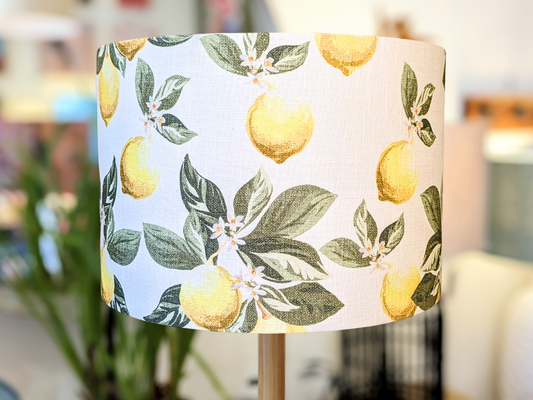 Handmade Vintage Italia Limone lampshade by Emotive Collection, crafted with cotton-linen fabric, featuring a charming lemon print for a fresh, Mediterranean-inspired touch.