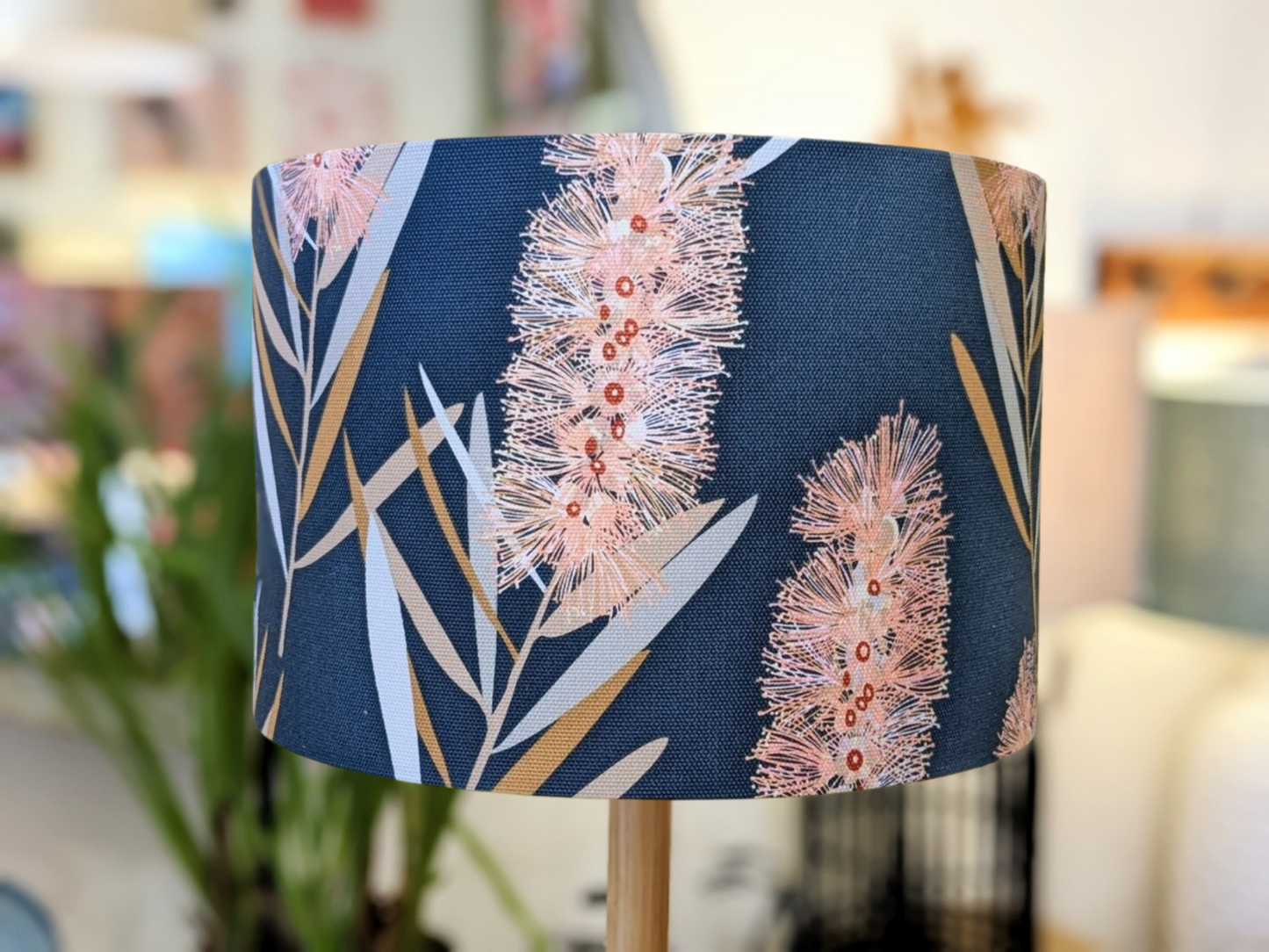 Handmade Callistemon lampshade by Emotive Collection, featuring a vibrant design by Australian artist Jocelyn Proust, inspired by native Australian plants. Crafted with care in Australia.