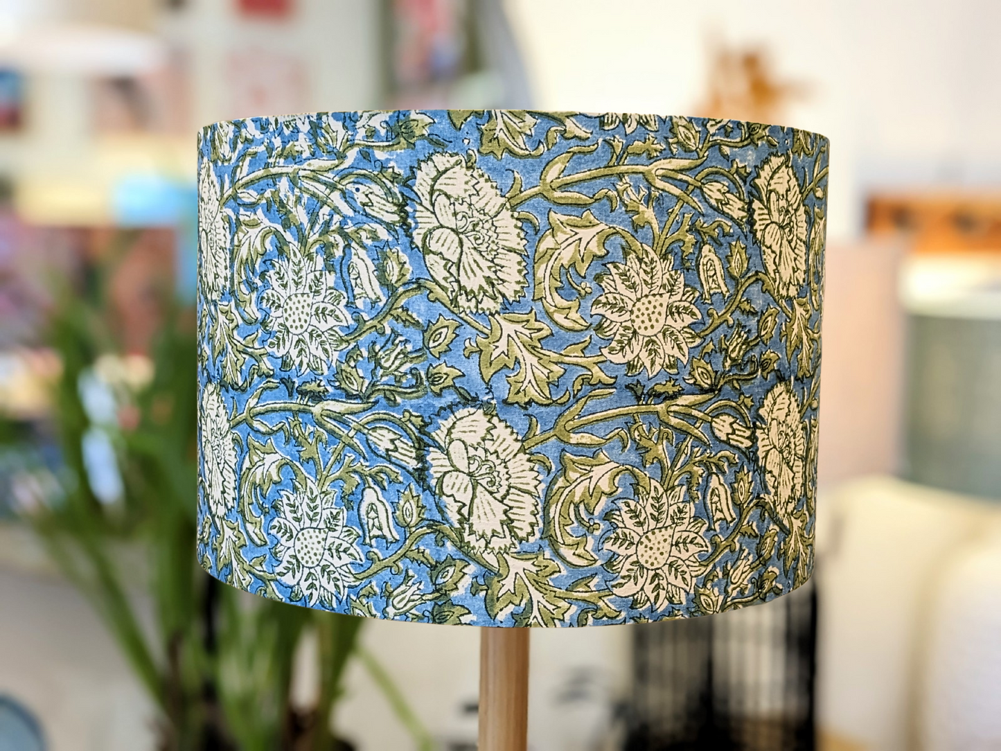 Handmade Sana Indian Block Print lampshade by Emotive Collection, featuring a beautiful floral print hand block printed in Jaipur, India. The lampshade itself is expertly handcrafted in Australia.