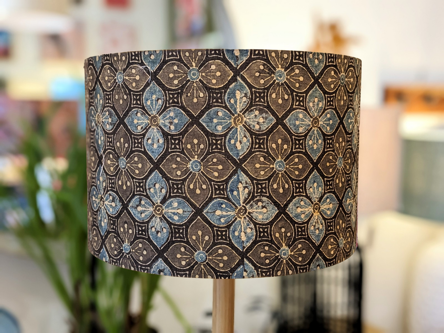 Handmade Shaila Indian Block Print lampshade by Emotive Collection, featuring vibrant block print patterns on premium fabric. Hand block printed fabric from Jaipur, India, and lampshade crafted in Australia for unique, artisan lighting