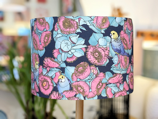 Handmade Rosella & Mallee lampshade by Emotive Collection, featuring a beautiful design by Australian artist Victoria McGrane from The Scenic Route. Crafted in Australia.