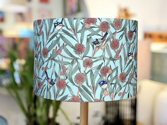 Handmade Blue Wren & Hakea lampshade by Emotive Collection, showcasing a vibrant design by Australian artist Victoria McGrane from The Scenic Route. Crafted in Australia.