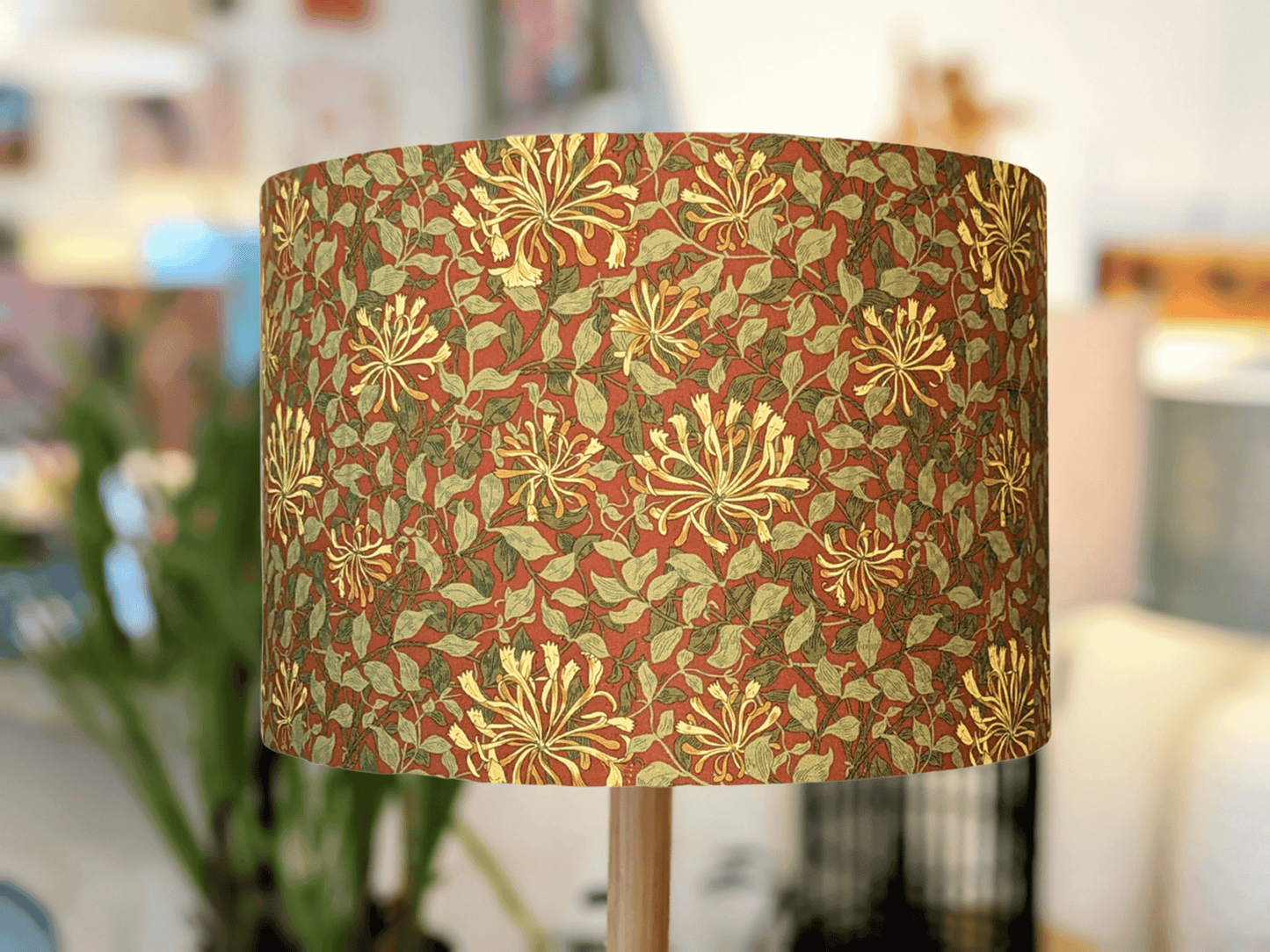 Handmade William Morris Honeysuckle lampshade by Emotive Collection, featuring an intricate floral design. All lampshades are crafted in Australia.