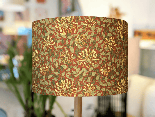 Handmade William Morris Honeysuckle lampshade by Emotive Collection, featuring an intricate floral design. All lampshades are crafted in Australia.