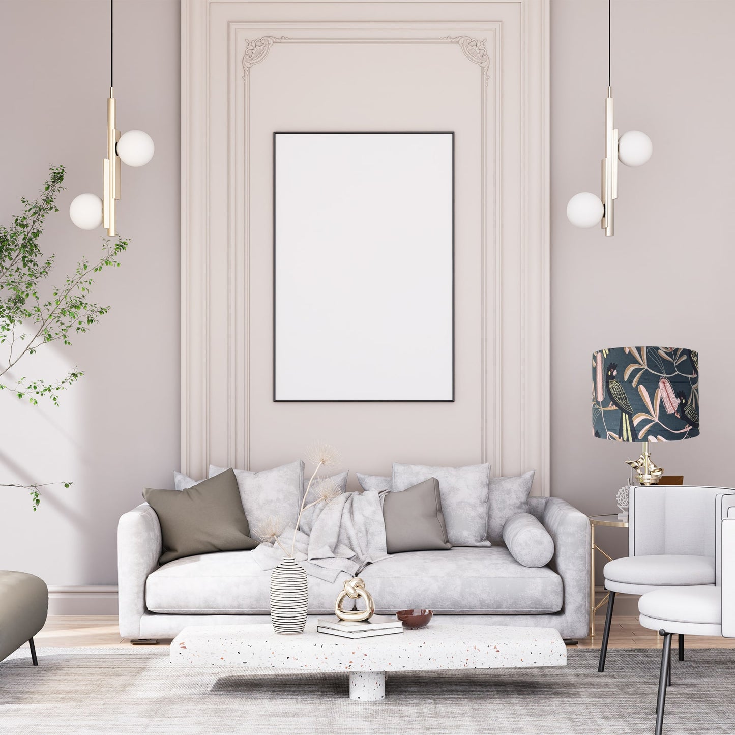 A modern living room features a light gray sofa, assorted cushions, and a terrazzo coffee table. The Emotive Collection’s Yellow-Tailed Black Cockatoo Lampshade adds an Australian touch, evoking Jocelyn Proust-inspired style throughout the space.