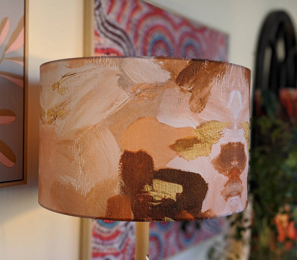 Handcrafted Peach Abstract lampshade by Emotive Collection, featuring modern abstract art in a warm peach palette. Made with precision in Australia.
