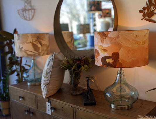 Stylish Peach Abstract lampshade by Emotive Collection, showcasing fluid abstract designs in warm peach hues. Made with care in Australia.