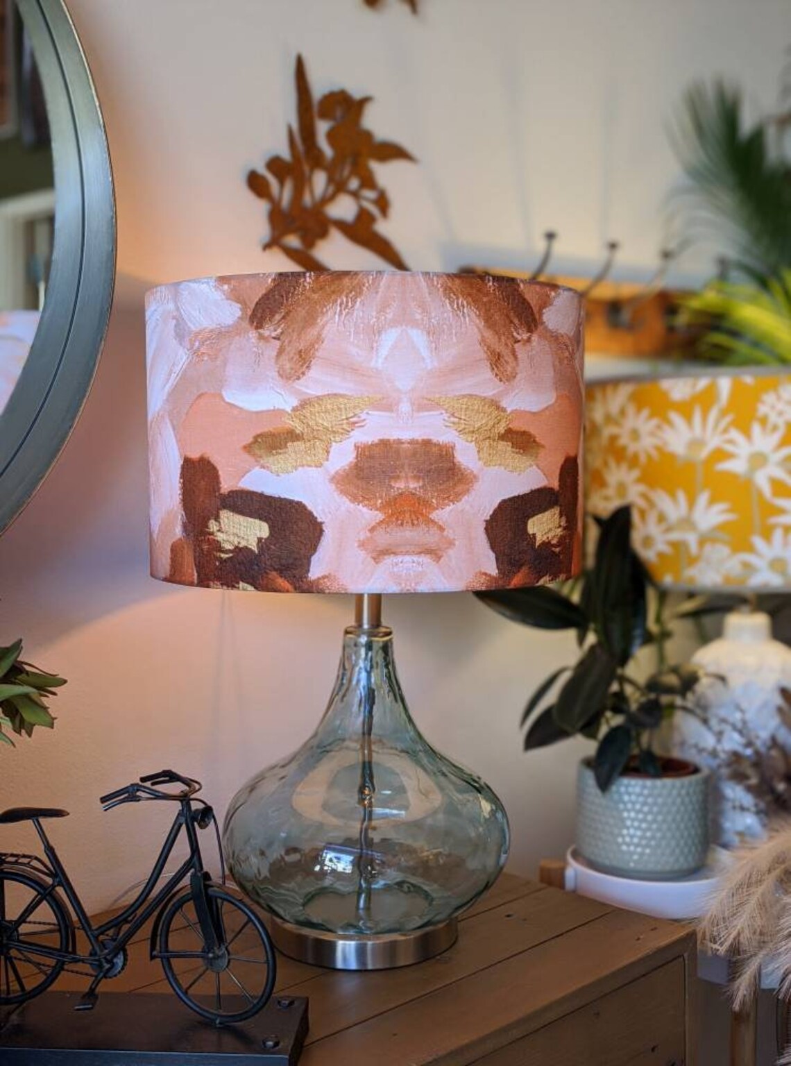 Contemporary Peach Abstract lampshade by Emotive Collection, designed with striking abstract shapes and soft peach tones. Handcrafted in Australia