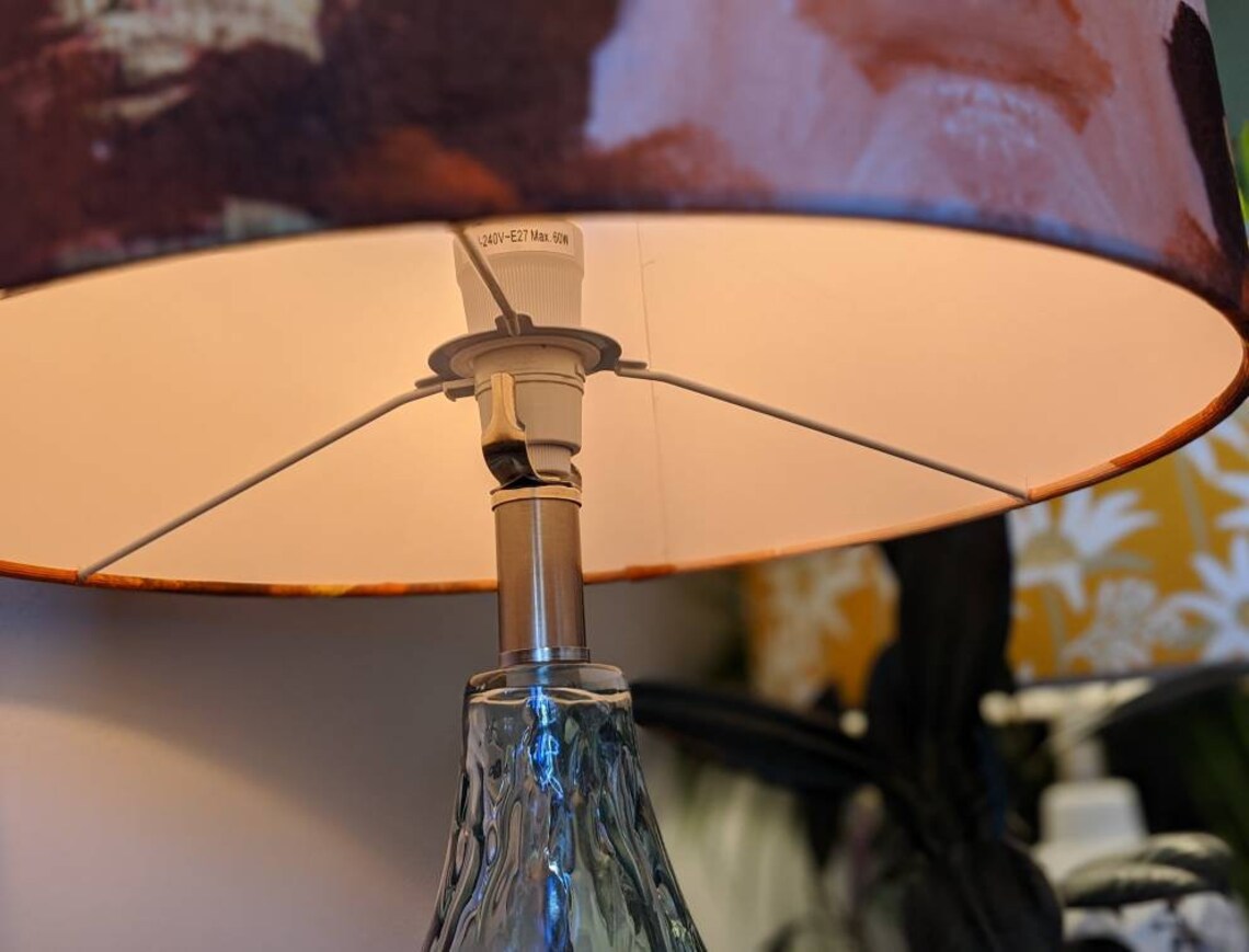 Elegant Peach Abstract lampshade by Emotive Collection, with abstract swirls and peach tones. Designed and crafted in Australia for a sophisticated look.