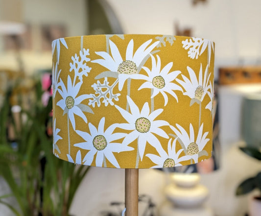 Flannel Flower Mustard lampshade by Jocelyn Proust for Emotive Collection, showcasing elegant flannel flower patterns in mustard tones. Handmade in Australia.