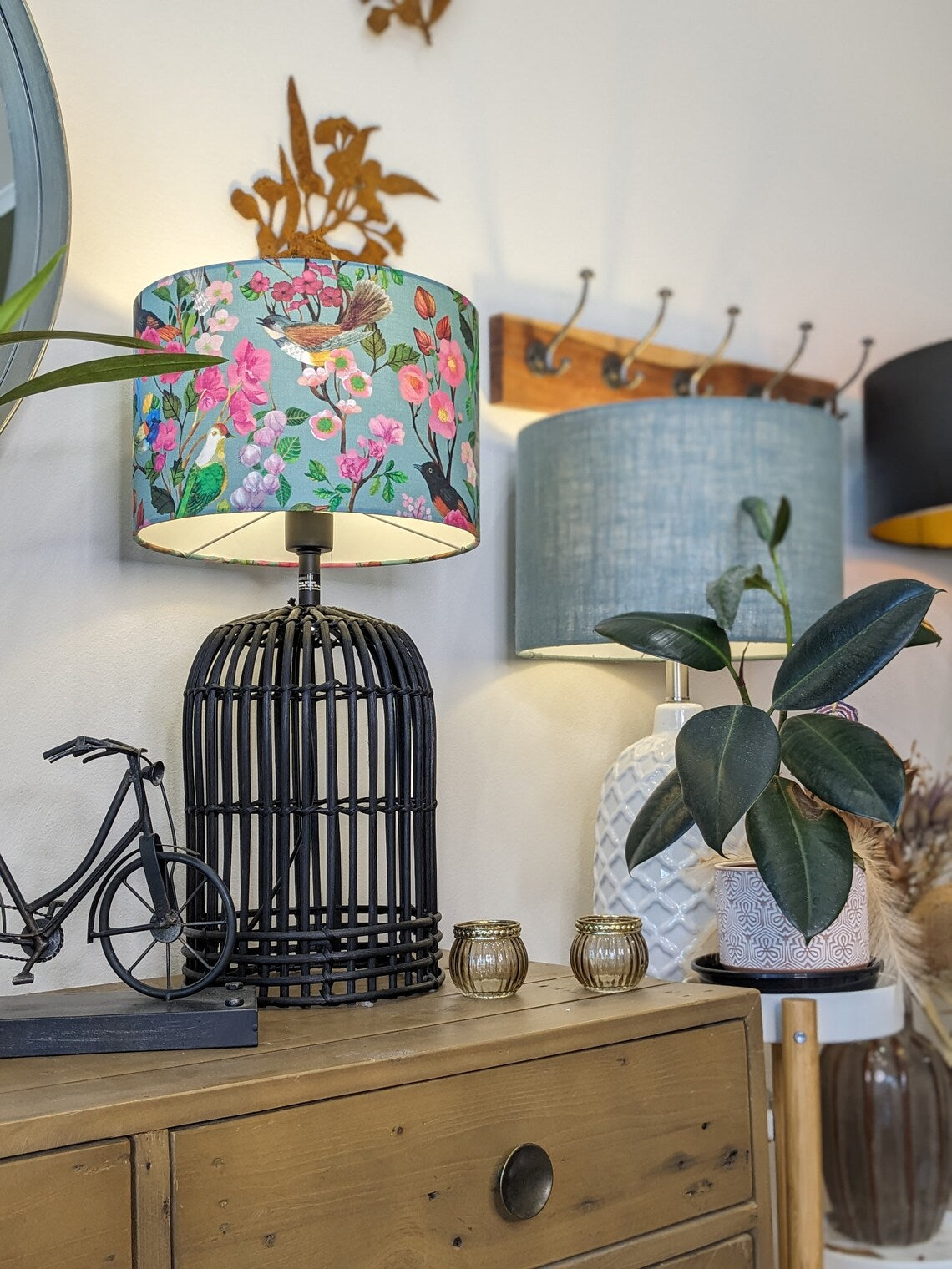 Handcrafted Birds and Blooms lampshade, designed by Australian artist Cecilia Mok, featuring colorful birds surrounded by lush floral elements. Made in Australia